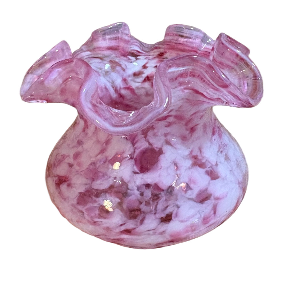 Hand Blown Mottled Pink And White Ruffled Rim Glass Bowl/ Vase